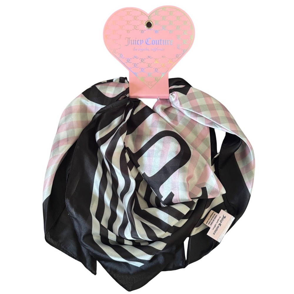 Juicy Couture Gingham Pink Black White Stripes Logo Juicy Scarf ‎ NWT